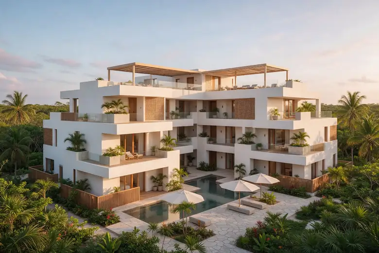 Imagen de contexto: edificio residencial con rooftop rodeado de selva