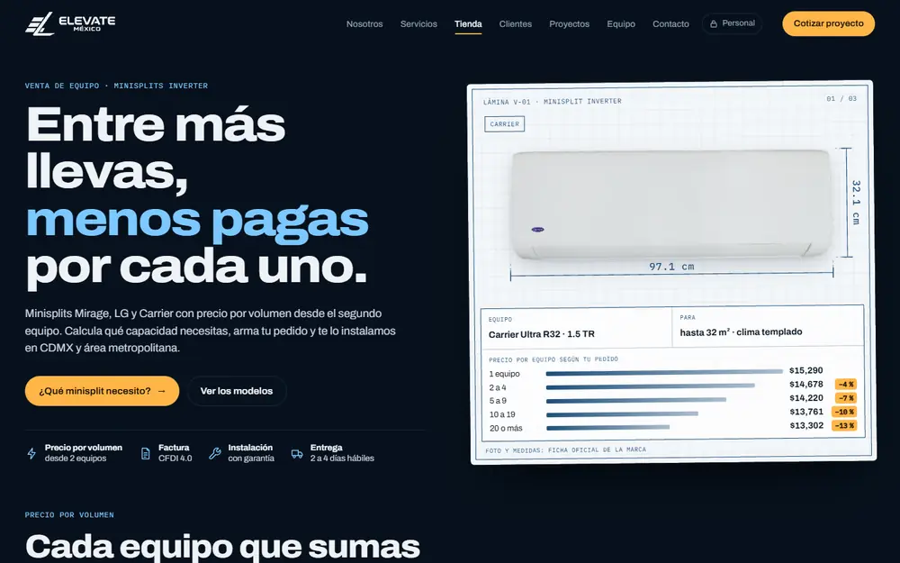 Tienda en línea de Elevate México: minisplits con precio por volumen, entre más llevas menos pagas por cada uno